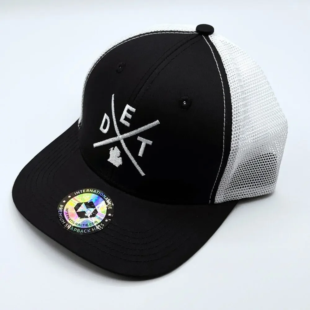 Retro Detroit Michigan MI Trucker Hat Mesh Black White Cross Mitten Cap NWT